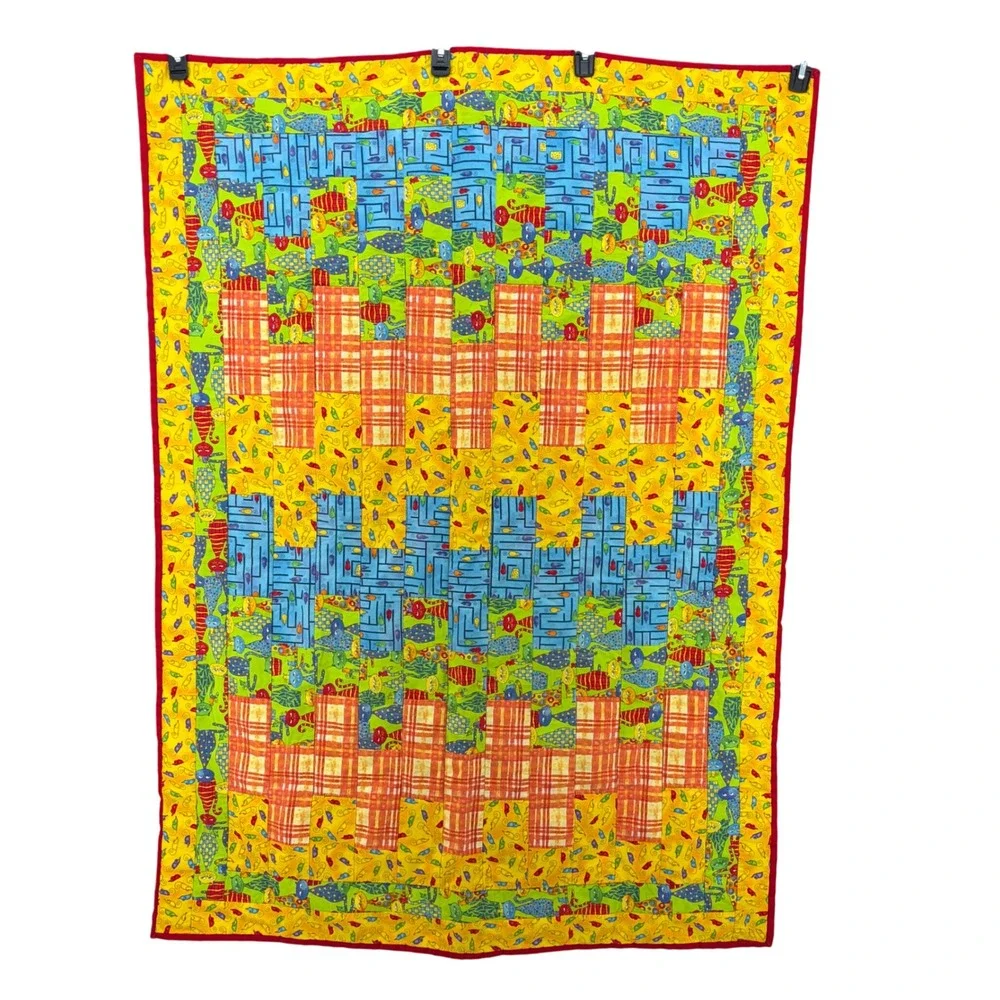 Handmade Quilt Cat Mouse Maze Rainbow Stripe Patchwork Kidcore 39x52 Whimsical